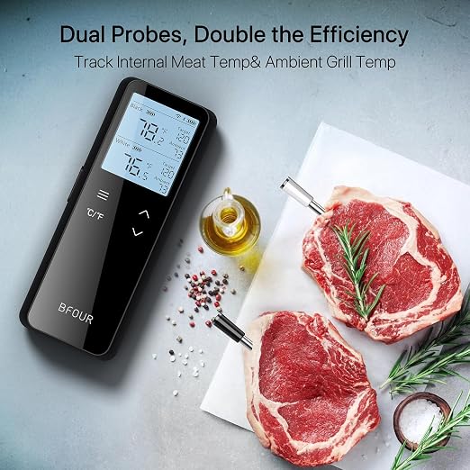 BFOUR Bluetooth Wireless Meat Thermometer with Smart Standalone Base, WiFi Unlimited Range, Dual Probes & 6 Precision Sensors, IP67 Waterproof Meat Probe Thermometer for Smoker, BBQ, Oven, Grill