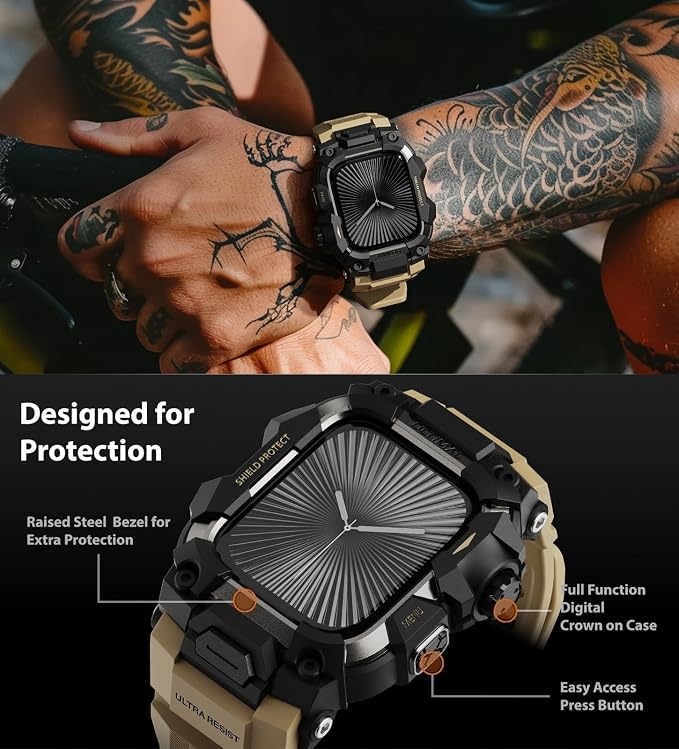 ULTIMAL Rugged Case with Band for Apple Watch 46mm,Compatible with Apple Watch Series 11/10, Military Grade Shockproof Bumper Cover for iWatch Tactical Band Men (46mm,Desert Yellow)
