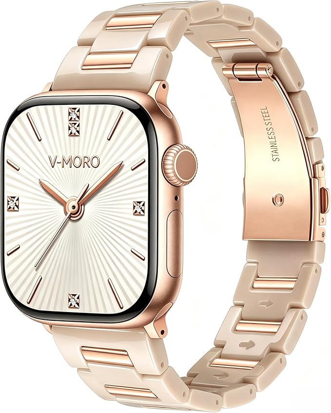 V-MORO Resin Metal Band Compatible with Apple Watch 42mm 41mm 40mm 38mm,Fashion Lightweight Bracelet with Polished Rose Gold Stainless Steel Inlay for iWatch Series 11/10/9/8/7/6/5/4/3/2/1/SE,Oatmeal
