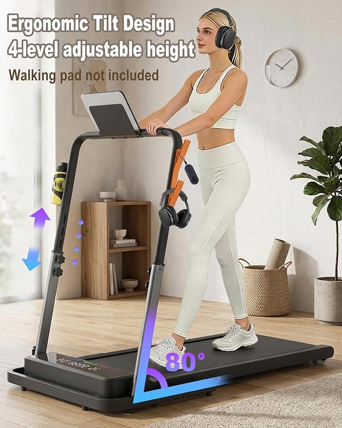 Walking Pad Handle Bar Attachment Only, Compatible with Walking Pads 22.4" Wide, Adjustable Treadmill Handrail with Phone/Cup Holder & Towel Hooks, Overbold Stable, Easy Assembly, Black