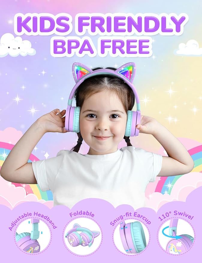 iClever Kids Bluetooth Headphones, Light Up Cat Ear, Safe Volume 74/85dBA,60H Playtime,Bluetooth 5.3,USB C Charging,Wireless Kids Headphones AUX Cord for iPad School Travel, Meow Cookies-Purple/Green