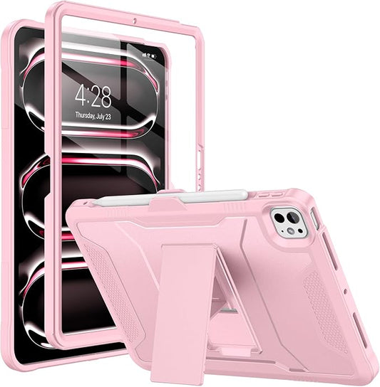 Soke Case for iPad Pro 11 Inch (M5) 2025/ (M4) 2024, with Built-in Screen Protector & Kickstand, Rugged Full Body Heavy Duty Protective Cover with Pencil Holder - Pink