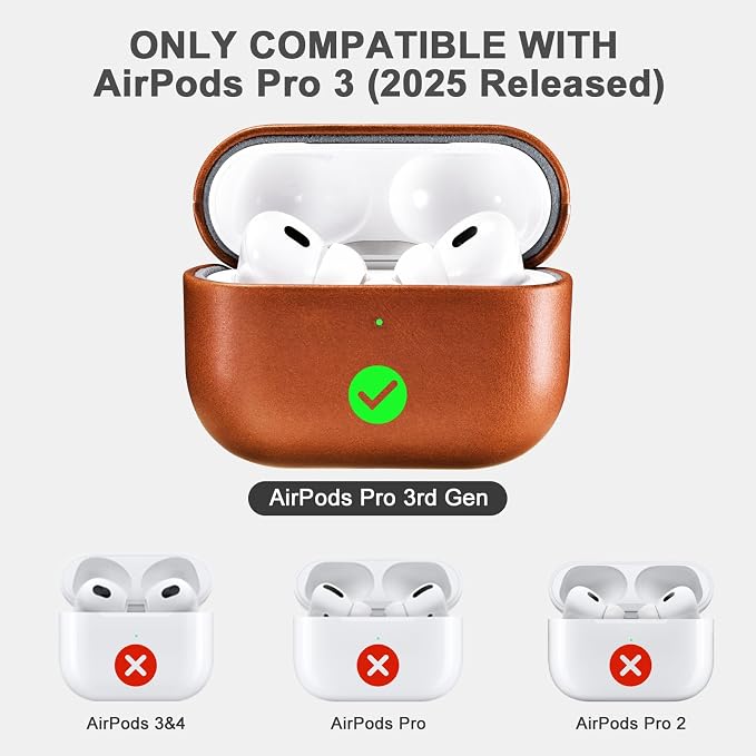 ICARER AirPod Pro 3 Case, 100% Geniune Leather Case, Handmade Top Grade Vintage Cover, Shockproof Protective Cover Support Wireless Charging, Compatible with AirPods Pro 3 2025 Model (Brown)