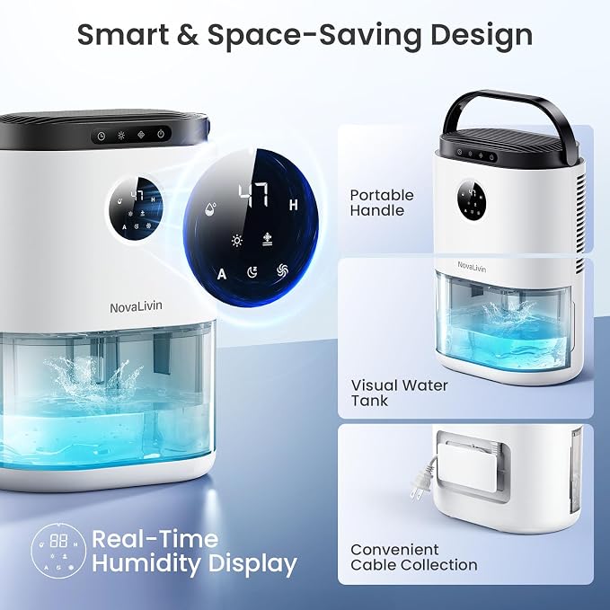 Dehumidifier for Home, 68 OZ Water Tank Dehumidifiers for Bathroom, Bedroom, Living room with, Auto Humidity Control, Digital Display, 7 Color Breathing Light, White