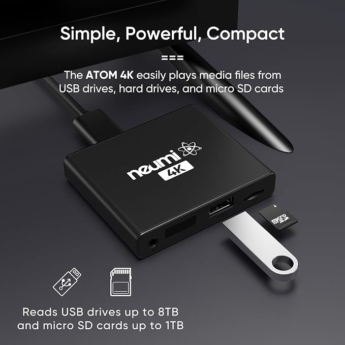 NEUMI Atom 4K Ultra-HD Digital Media Player for USB Drives and SD Cards - Plays 4K/UHD 60fps Videos, HEVC/H.265, HDMI and Analog AV, Automatic Playback and Looping Capability