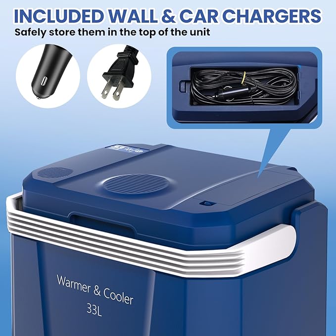 Garvee 35 Quart (33 l) Electric Cooler & Warmer, Portable Car Refrigerator with Automatic Locking Handle, 12V Car Cooler for Vehicle & Trucks, 110V AC Home Power Cord, Plug in Coolers. Blue