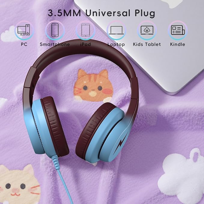 Candy Bila Kids Headphones, Wired Headphones for Kids Over Ear with Microphone, 85/94dB Volume Headphone for Girls Boys, Foldable Headphone for Learning & Entertainment, Gradient Caramel Blue