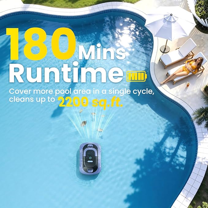 (2026 Upgrade) Cordless Robotic Pool Cleaner, Automatic Pool Vacuum for Above Ground & Inground Pools, 180-Min Runtime, 3L Basket for Leaves & Debris, Auto-Parking, Powerful Suction up to 2200 Sq.Ft