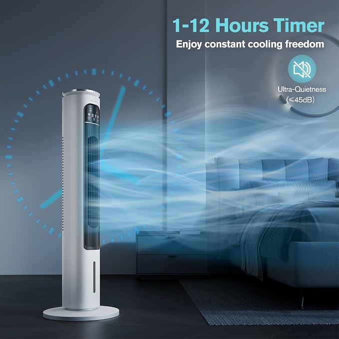 Windowless Portable Air Conditioners, 37’’ Cooling Tower Fan, Evaporative Air Cooler w/Remote, 2.5L Water Tank & Ice Packs, 12H Auto-off, 70° Oscillating, Ultra-Quiet Standing Fan For HomeOffice