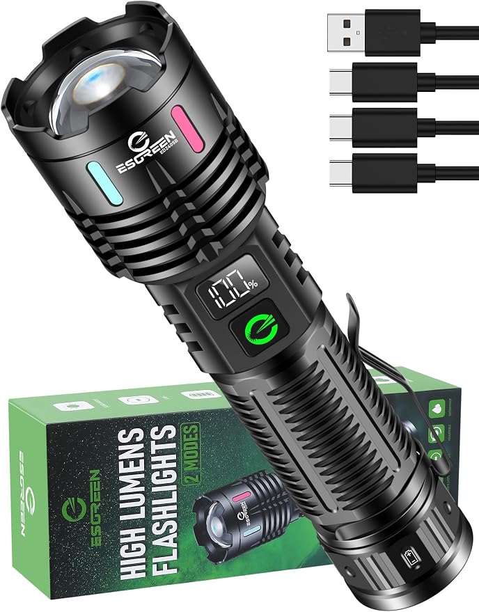 Esgreen 2 Pack Rechargeable Flashlights High Lumens, Long Range Super Bright LED Flashlight USB C, High Powerd Heavy Duty Strong Flash Light High Beam, for Emergency Security Camping