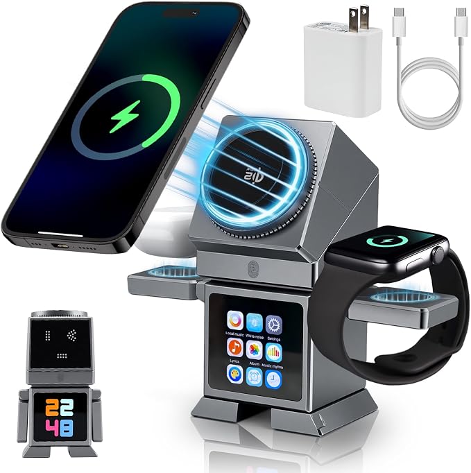 ModiTech 7 in 1 Wireless Charging Station for Apple - Qi2.2 Certified 25W Magnetic Magsafe Charger Stand for iPhone 17/16/15/14/13/12 - Apple Watch - Airpods Series, Grey with Adapter