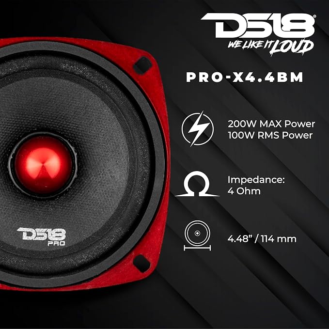 DS18 PRO-X4.4BM Loudspeaker - 4", Midrange, Red Aluminum Bullet, 200W Max, 100W RMS, 4 Ohms - Premium Quality Audio Door Speakers for Car or Truck Stereo Sound System (1 Speaker)