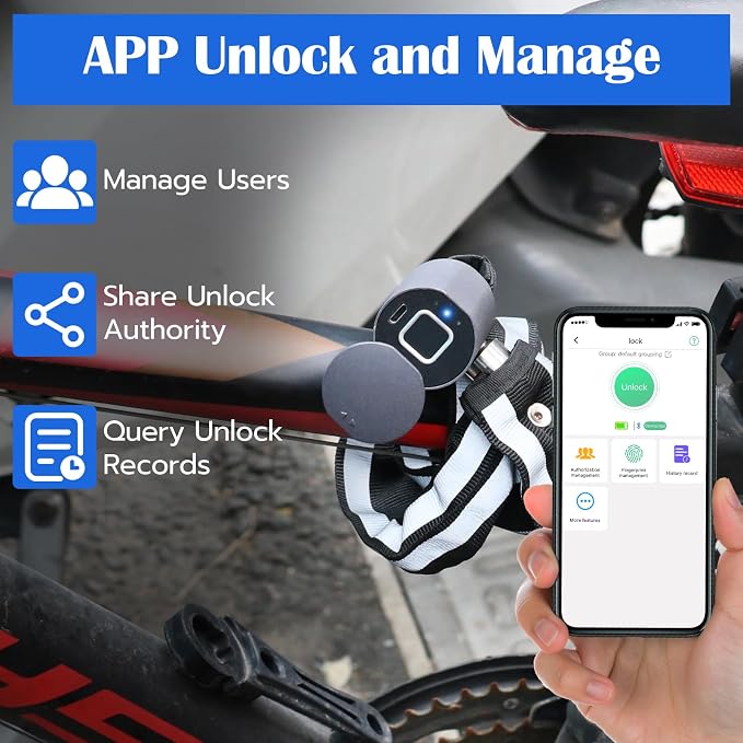 Eseesmart Bike Chain Lock, Fingerprint Bike Locks Heavy Duty Anti Theft, 3.28 Feet Security Bike Locks with APP, Waterproof Smart Cable Lock for Bike, Bicycle, Scooter, Motorcycle, Door, Gate, Fence