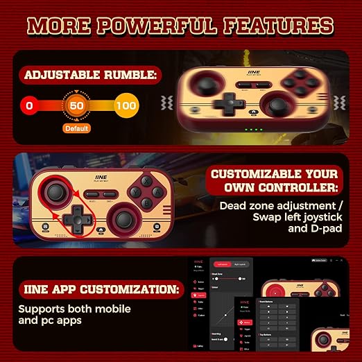 IINE Retro Pocket Game Controller, Wireless Gamepad for Switch/Steam Deck/PC/iOS/Android | Mini Portable Controller with Hall Joystick, 1000Hz Response Rate, Customizable Buttons, 600mAh Battery