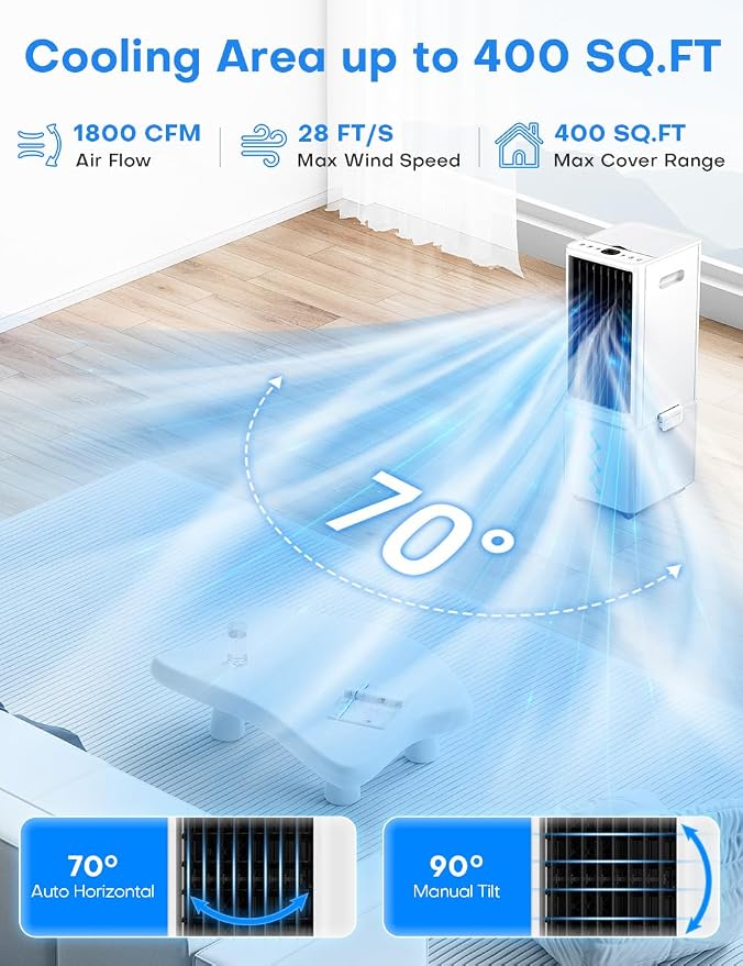 Windowless Air Conditioner w/4 Mode&3 Speed, Waterless Alert, 2.4-Gal Tank for 24H Cooling, 12H Timer,20FT Remote, 70° Auto Swing Evaporative Air Cooler, Portable Air Conditioners for Bedrooms