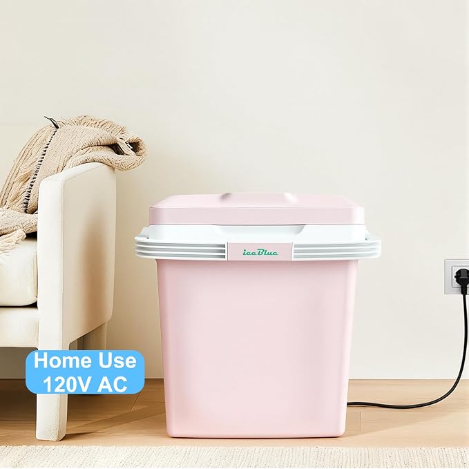 Iceblue Electric Cooler, 26 Liters/28 Cans Mini Fridge with Automatic Locking Handle, 120V AC Home Power Cord & 12V Car Adapter Car Refrigerator, Car Fridge for Home, Car, Gift (Pink)
