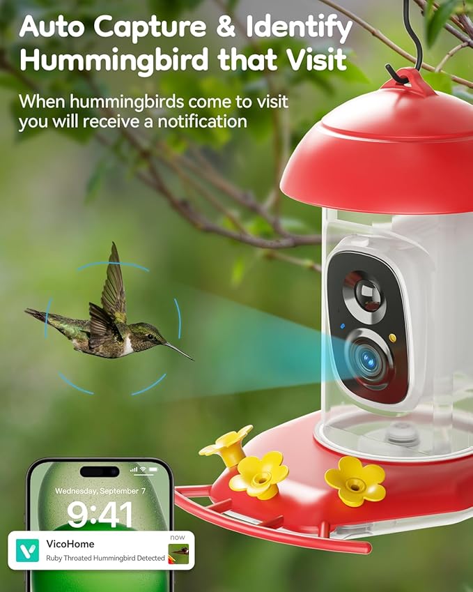 LongPlus® Hummingbird Feeder with Camera for Outdoors Solar Powered,Smart Bird Camera with 2K Live Video,Ant Guard Base,AI Identify Bird Species,Ant Moat,Bee Proof with 3 Feeding Ports,Gifts Ideal