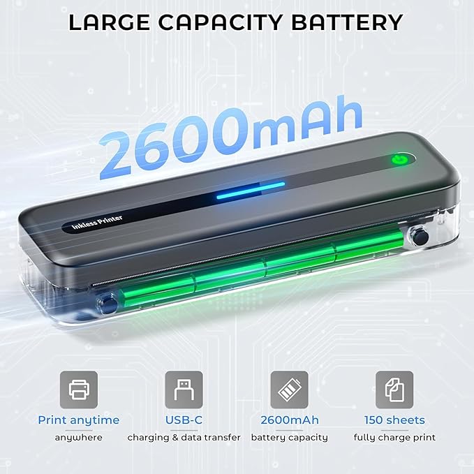 Wireless Inkless Thermal Printer, Bluetooth Mobile Printer for Phone & Laptop, Portable Travel Printer with 300 dpi, Supports US Letter Thermal Paper, Compatible with Mac/Windows