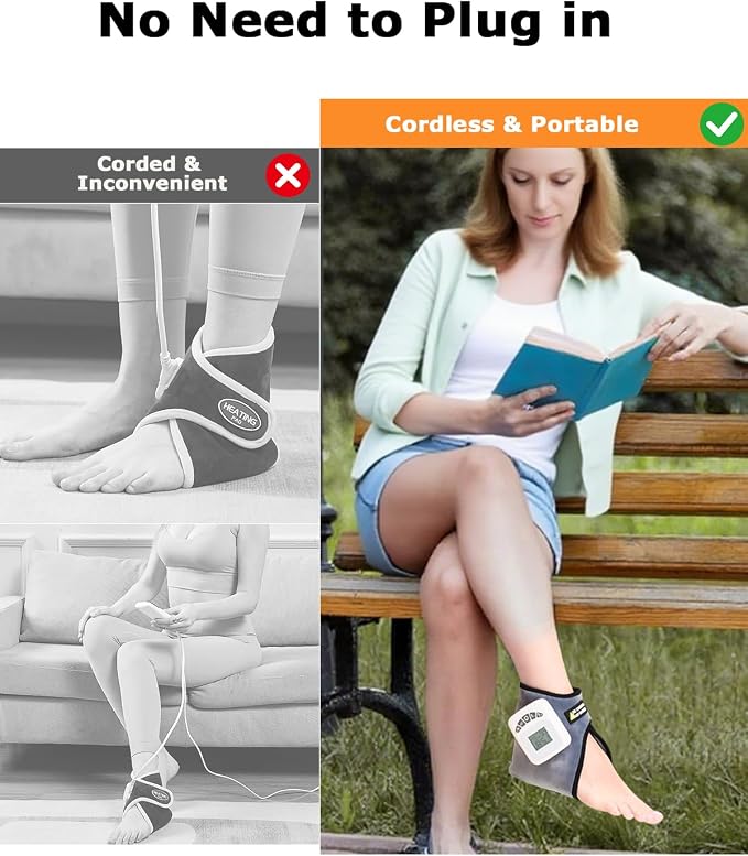 Cordless Ankle Heating Pad with 5000mAh Battery, 3-Level Vibration Massage & 104-140°F Heat Therapy, 30/45/60Mins Timer, Perfect for Arthritis Foot Heel Pain Relief, Includes Type-C Cable&Storage Bag
