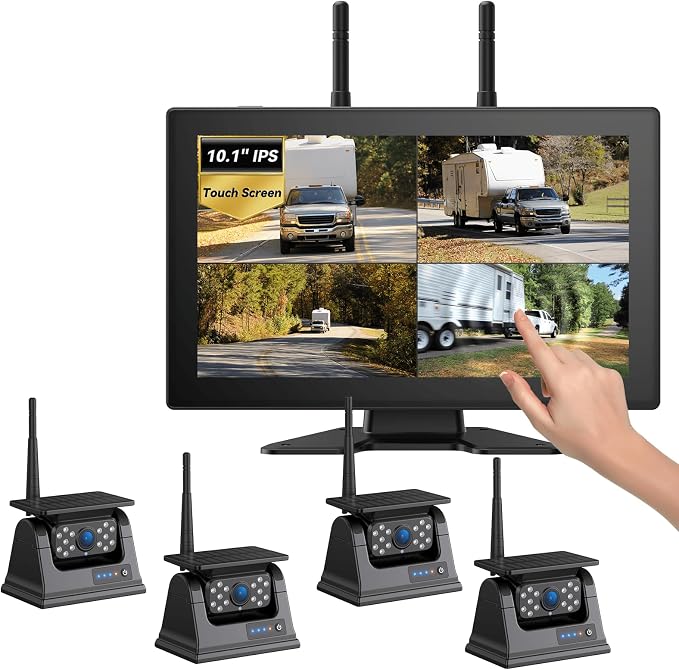 4 Magnetic Solar Wireless Backup Camera HD 1080P 10.1" 1 Min Magnetic Easy Install No Wiring 4 Split Recording Monitor 15,000mah Solar Battery for Truck,Rv,Tractor,Camper,Trailer