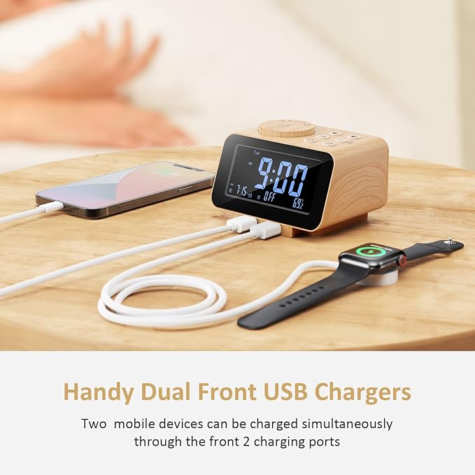 USCCE Digital Alarm Clock Radio - 0-100% Dimmer, Dual Alarm with Weekday/Weekend Mode, 6 Sounds Adjustable Volume, FM Radio w/Sleep Timer, 2 USB Charging Ports, Thermometer, Battery Backup(Wood Grain)