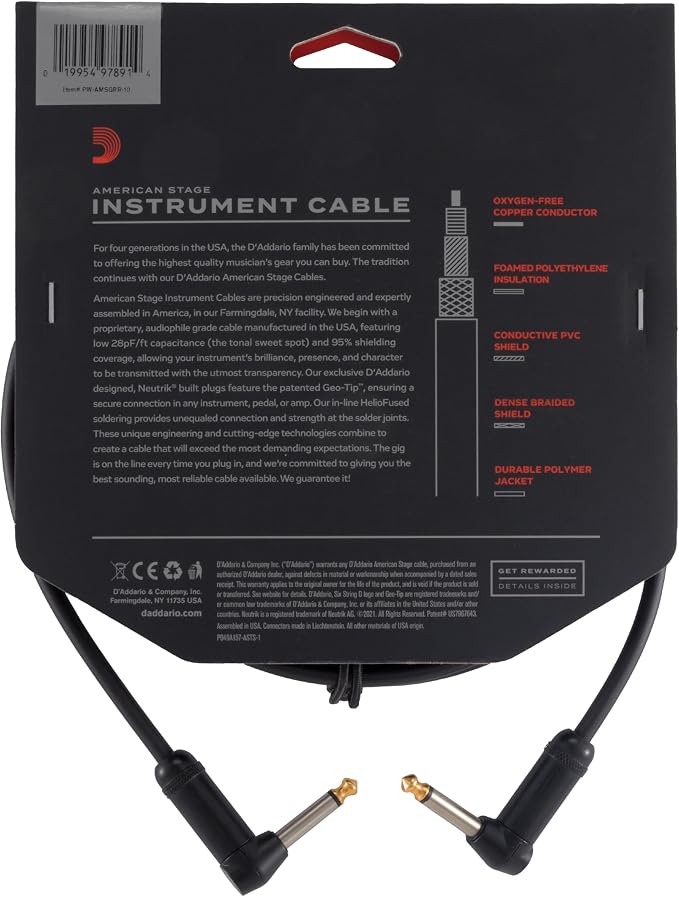 D'Addario Guitar Cable - American Stage - Made in the USA - Geo Tip for Secure Connection - 1/4 Inch Male to 1/4 Inch Male - 10 Feet - Right Angle Ends - 1 Pack