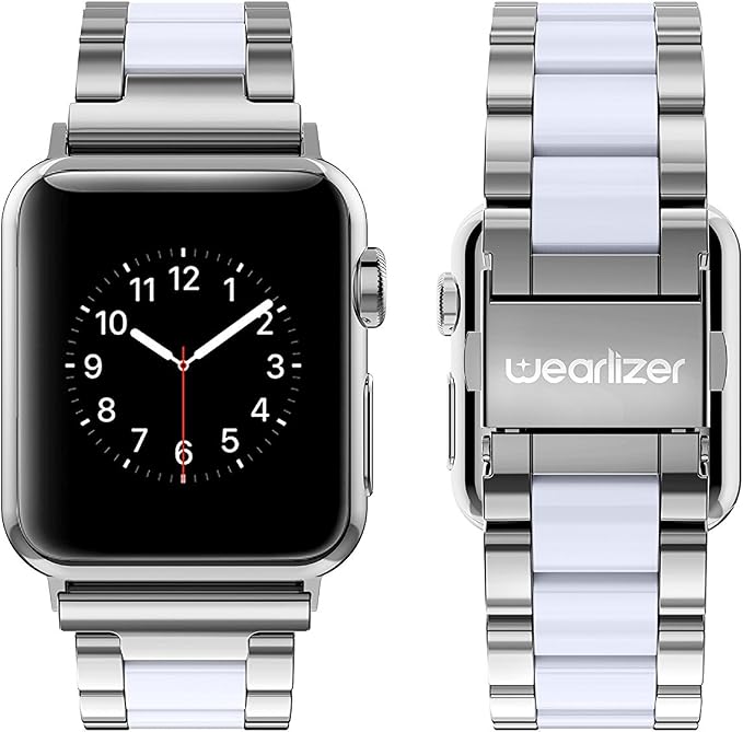 Wearlizer Silver Compatible with Apple Watch Band 38/40/41/42mm, Fashion Womens Men Stainless Steel Strap White Resin Wristband Replacement Metal iWatch Series 11 10 9 8 7 6 5 4 3 SE/Ultra 3 2 1