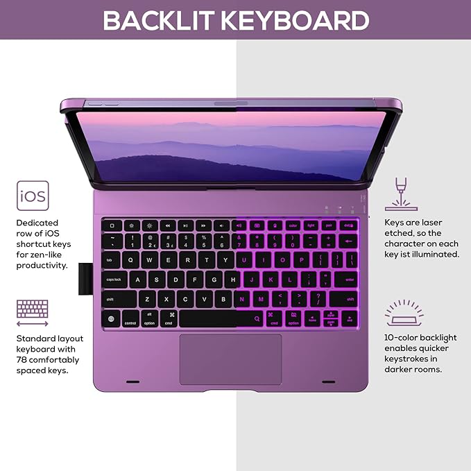 typecase Touch Keyboard Case for iPad Air 11-inch(M4/M3/M2, 2026/2025/2024) & iPad Pro 11(4th/3rd/2nd/1st Gen),Multi-Touch Trackpad,11-Color Backlight,360°Rotatable for iPad Air 5/4th Gen, Violet