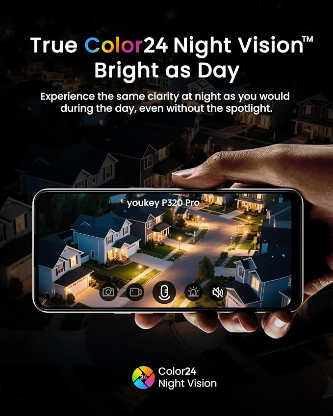 youkey 4K Outdoor Security Camera with Adjustable Ring Light, No Monthly Fees, Plug-in WiFi 6, F1.0 Color Night Vision, 24/7 Recording, AI Human & Vehicle Detection, IP67, Works with Alexa & Google
