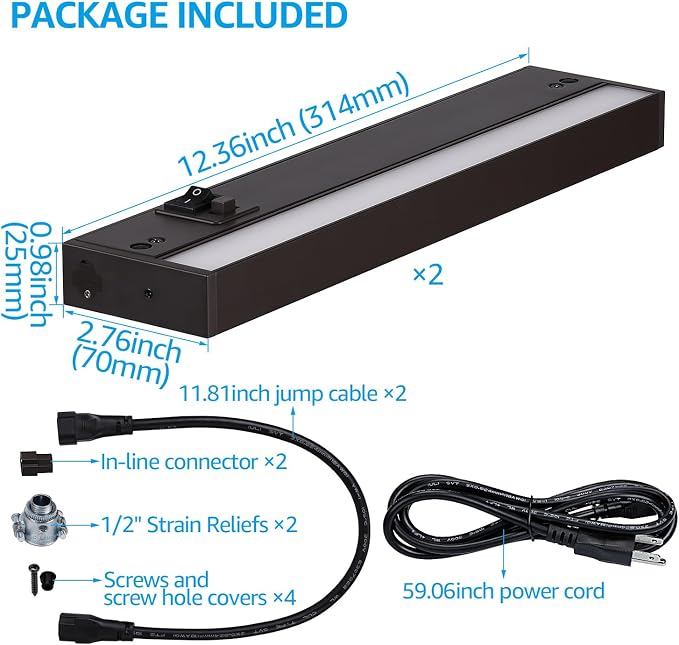 TORCHSTAR 4-Pack 12 Inch LED Under Cabinet Lighting 5CCT, ETL T24, 8W 600LM, Hardwired & Plug-in, 5 Color Selectable CRI90 120V Dimmable Under Counter Lights for Kitchen, Bronze Aluminum Housing