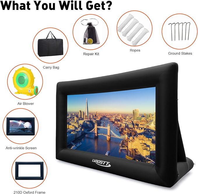 Inflatable Projector Screen, 16FT Blow Up Movie Screen Outdoor Projector, Easy Set Up One-piece Design Front & Rear Projection with Air Blower for Outside Backyard Family Movie Night Pool Party