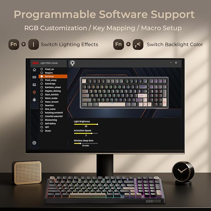 RK ROYAL KLUDGE R98 Pro Wireless Mechanical Keyboard, Creamy Bluetooth/2.4GHz/Wired RGB Gaming Keyboard with Number Pad and Knob, MDA Profile PBT Keycaps, Gasket Hot Swappable Linear Switch, Black