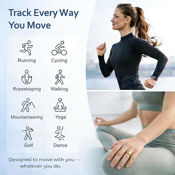 Smart Ring Health & Fitness Tracker for Men & Women, Heart Rate, SPO₂, Sleep & Activity Monitoring, IP68 Waterproof, Long Battery Life, Family Care Mode, No Subscription Fee (Gold, 8)