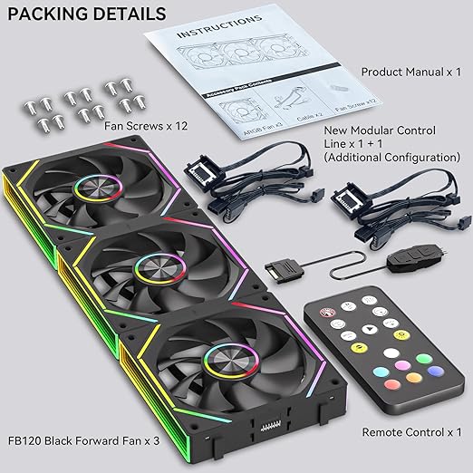 FB120 3 Pack 120mm ARGB PC Case Fans - Wireless Splicing/Daisy-Chain Design, 16.8M Colors Infinite Mirror Design with Remote, PWM Speed Control, High Airflow, Quiet Cooling for Gaming PC Build