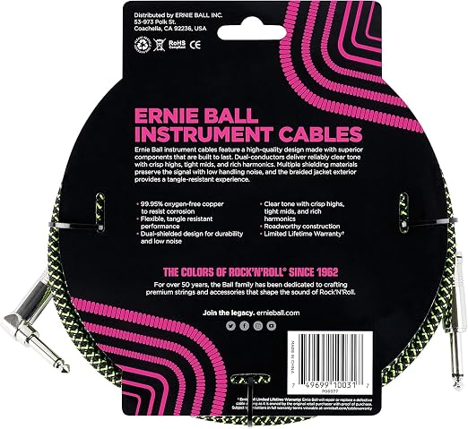 Ernie Ball Braided Instrument Cable Set Straight/Angle Lenght 10ft in Neon Green/Black (P06077) - Pack of 2