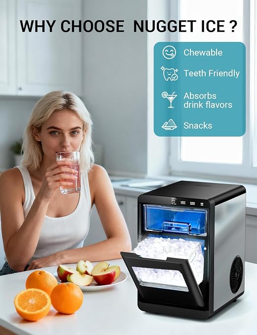 44 lbs Nugget Ice Maker Countertop,Pebble Ice Machine, 5-10 Mins Fast Ice Making, Self-Cleaning, Portable for Home, Outdoor, Camping, Hospital, RV (44lbs)