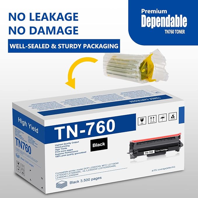 TN760 High-Yield Black Toner Cartridge Twin Pack, TN760 2PK, Replacement for Brother TN-760 TN-730 Toner for HL-L2350DW L2395DW L2390DW L2370DW MFC-L2750DW MFC-L2710DW DCP-L2550DW Printer…