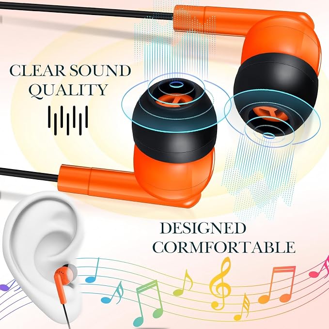 Kanayu 100 Pack Wired Earbuds Bulk for Classroom Ear Headphones Wired Basic Student Earbuds No Microphone with 3.5MM Jack for Class Laptop School Library, Individually Bagged (Orange)