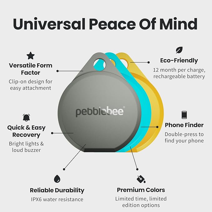Pebblebee Clip 5 | Rechargeable Bluetooth Tracker Tag for Keys | Alternative to Air Tag & Android Trackers | 130 dB Siren, Bright LED Strobe, 12-Month Battery, Alert Safety Mode | Tidal Cyan