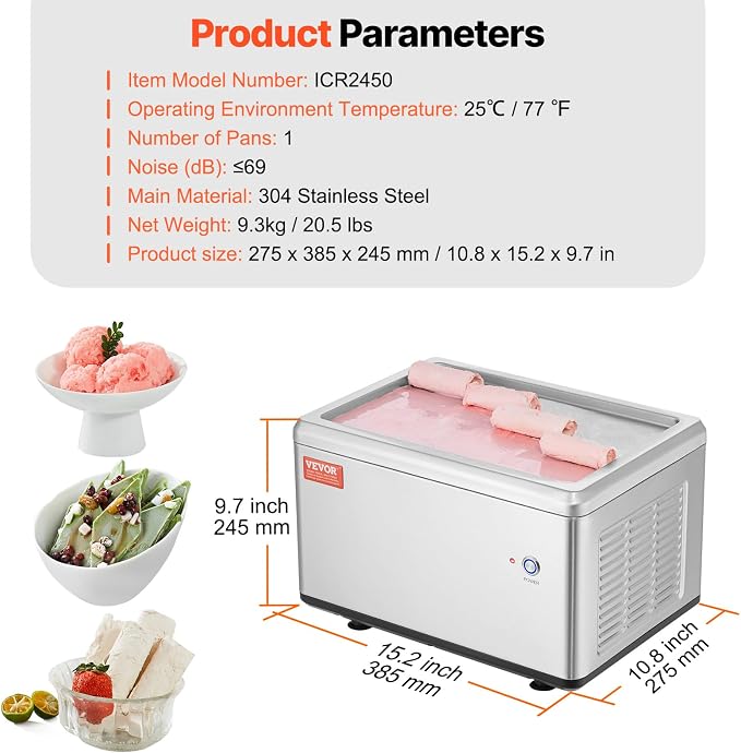 VEVOR Fried Ice Cream Machine, 12.6" x 8.5" 120W Stir-Fried Ice Cream Roll Maker with Compressor and 2 Scrapers, for Making Dessert Rolls, Frozen Yogurt