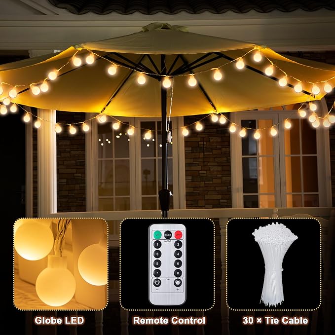 2 Pack 32 Feet Patio Umbrella Lights, 8 Lighting Modes LED String Lights with 64 Pcs Shatterproof Globe, Remote Control Battery & USB Powered, Waterproof Hanging Light Decorate for Patio