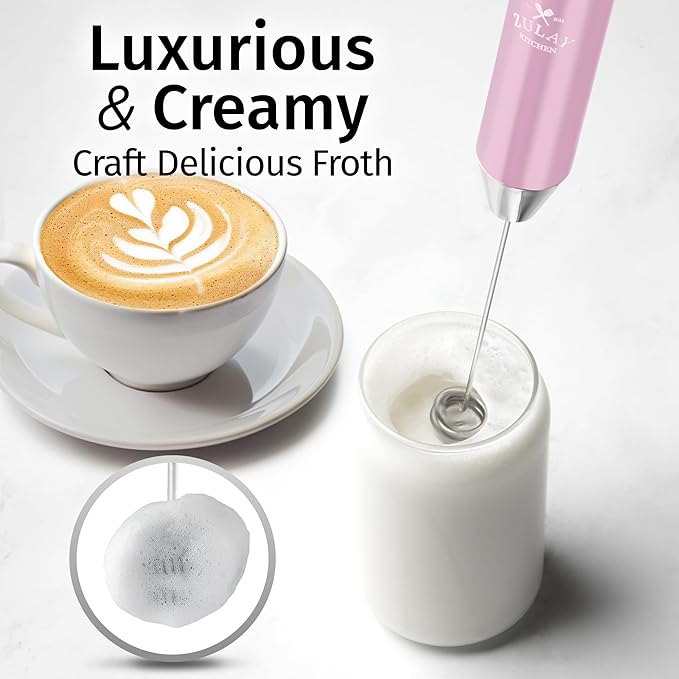Zulay Kitchen Rechargeable Milk Frother Handheld - Frother Wand, Drink Mixer, Electric Whisk Frother, for Cappuccinos, Matcha & Protein Powder - Lux 4 Whisk 2 Speed Waterproof 2000mAh Pink