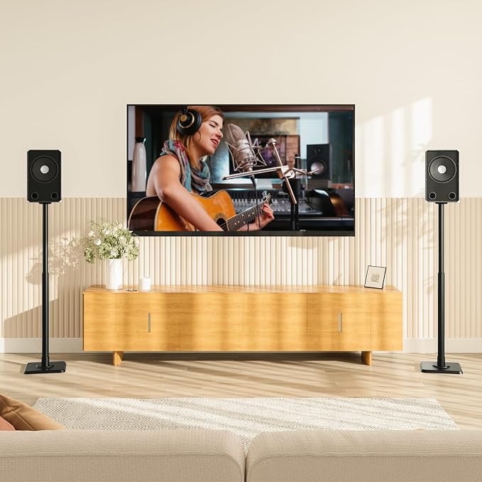 Mounting Dream Black Alloy Steel Speaker Stands, Height Adjustable Bookshelf Speaker Stand Pair, Universal Fit, 11 lbs Capacity, Set of 2 for Bose Polk JBL Sony Yamaha - 42" Max Height