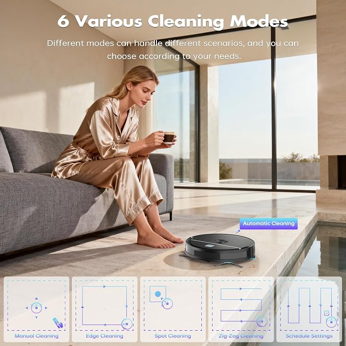 Robot Vacuum and Mop Combo,3500Pa Powerful Suction, with Wi-Fi/App/Remote,2 in 1 Mopping Robot Vacuum Cleaner,Dustbin and Watertank, for Pet Hair,Hard Floors and Low Pile Carpet Black