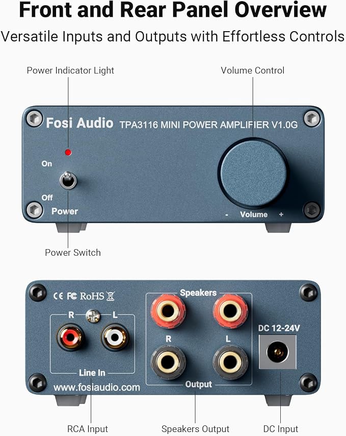 Fosi Audio V1.0G 2 Channel Class D Mini Stereo Amplifier for Home Speakers TPA3116 50W x 2 with Power Supply