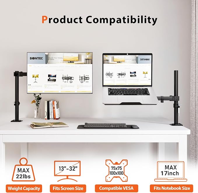 Redbat Laptop Arm for Desk, Fully Adjustable Monitor Arm with Vented Tray for 13" to 32" LCD Screens and Notebook up to 17", Holds up to 22lbs, VESA 75/100 Compatible, Dual Mounting Options