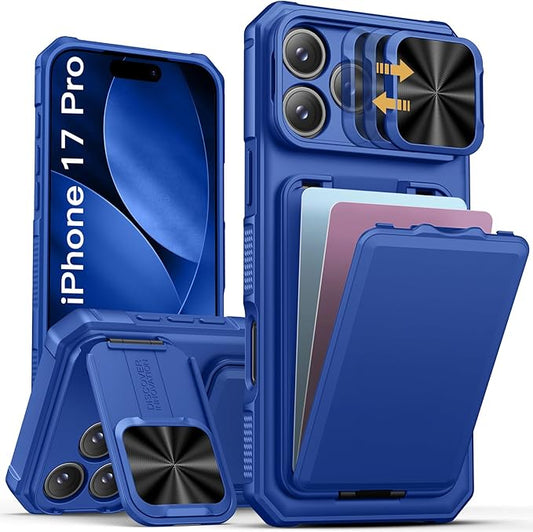 SSLOTSCASE for iPhone 17 Pro Case Wallet with Card Holder & Slide Camera Cover & Hidden Kickstand & Camera Cover Stand, Heavy Duty Rugged Protective Phone Case Cover for iPhone 17 Pro 2025, Royal Blue