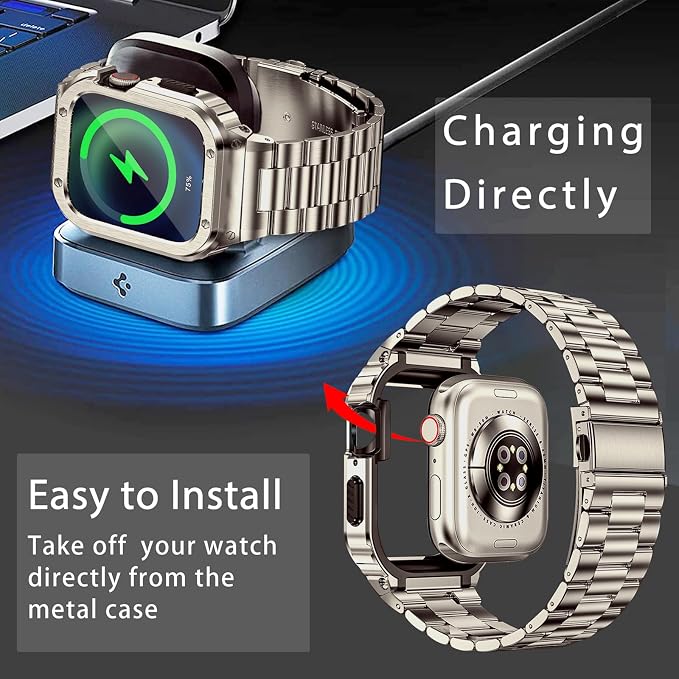 MioHHR Stainless Steel Band and Case Compatible with Apple Watch Band 46mm Series 11 10, Men Metal Protective Bumper Cover for iWatch 46mm Series 11/10, Titanium Color