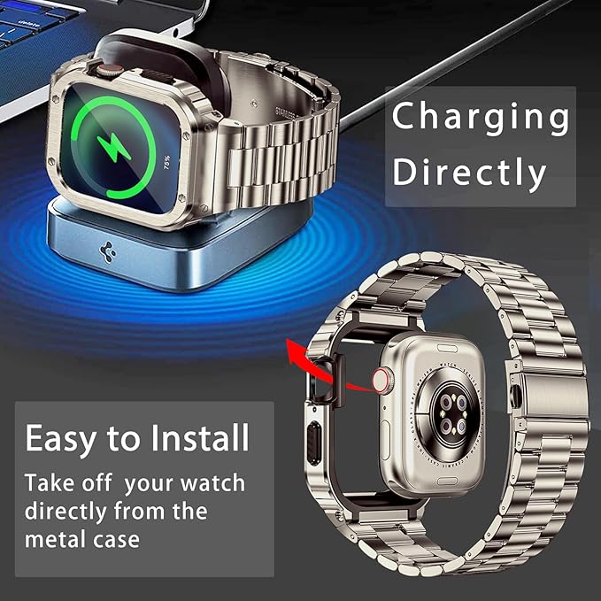 MioHHR Stainless Steel Band and Case Compatible with Apple Watch Band 44mm 42mm (Series 3/2/1), Men Metal Protective Bumper Cover for iWatch Series 6/5/4/3/2/1/SE/SE2/SE3, Titanium Color