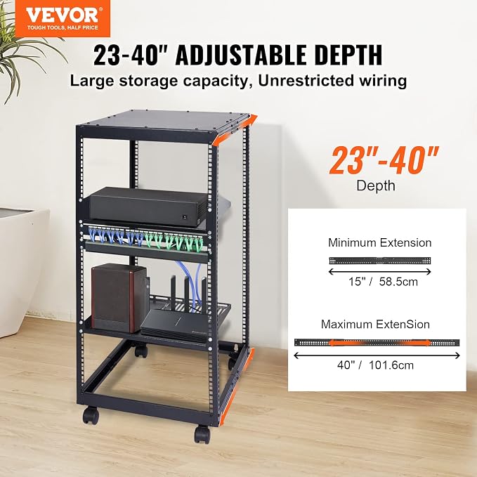 VEVOR 20U Open Frame Server Rack, 23''-40'' Adjustable Depth, Free Standing or Wall Mount Network Server Rack, 4 Post AV Rack with Casters, Holds All Your Networking IT Equipment AV Gear Router Modem